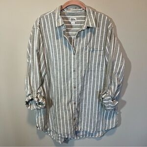 ✨ Eddie Bauer Women’s Gray White Striped Hemp Cotton Long Sleeve Button Up TL